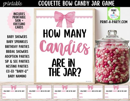 Pink Coquette Bow Candy Jar Game Printable Sign (8x10) & Guessing Cards for parties and showers