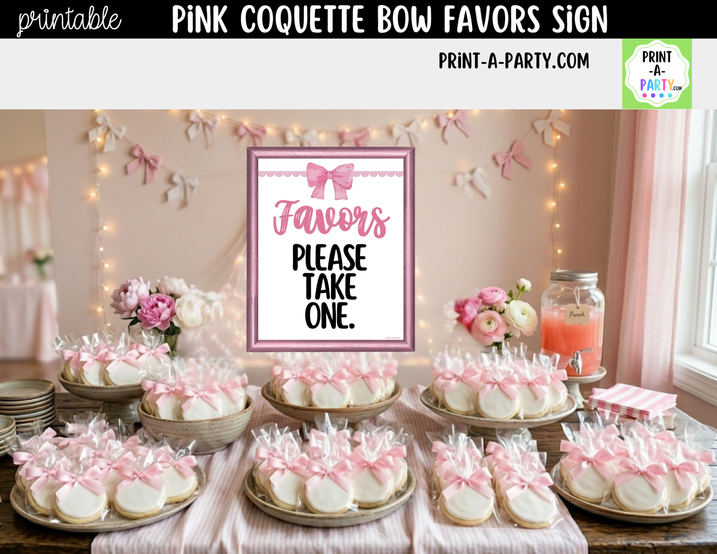 Pink Coquette Bow Favors Printable Sign (8x10) – For Parties, Showers and Events
