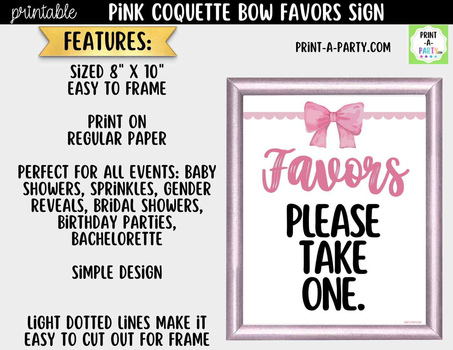Pink Coquette Bow Favors Printable Sign (8x10) – For Parties, Showers and Events
