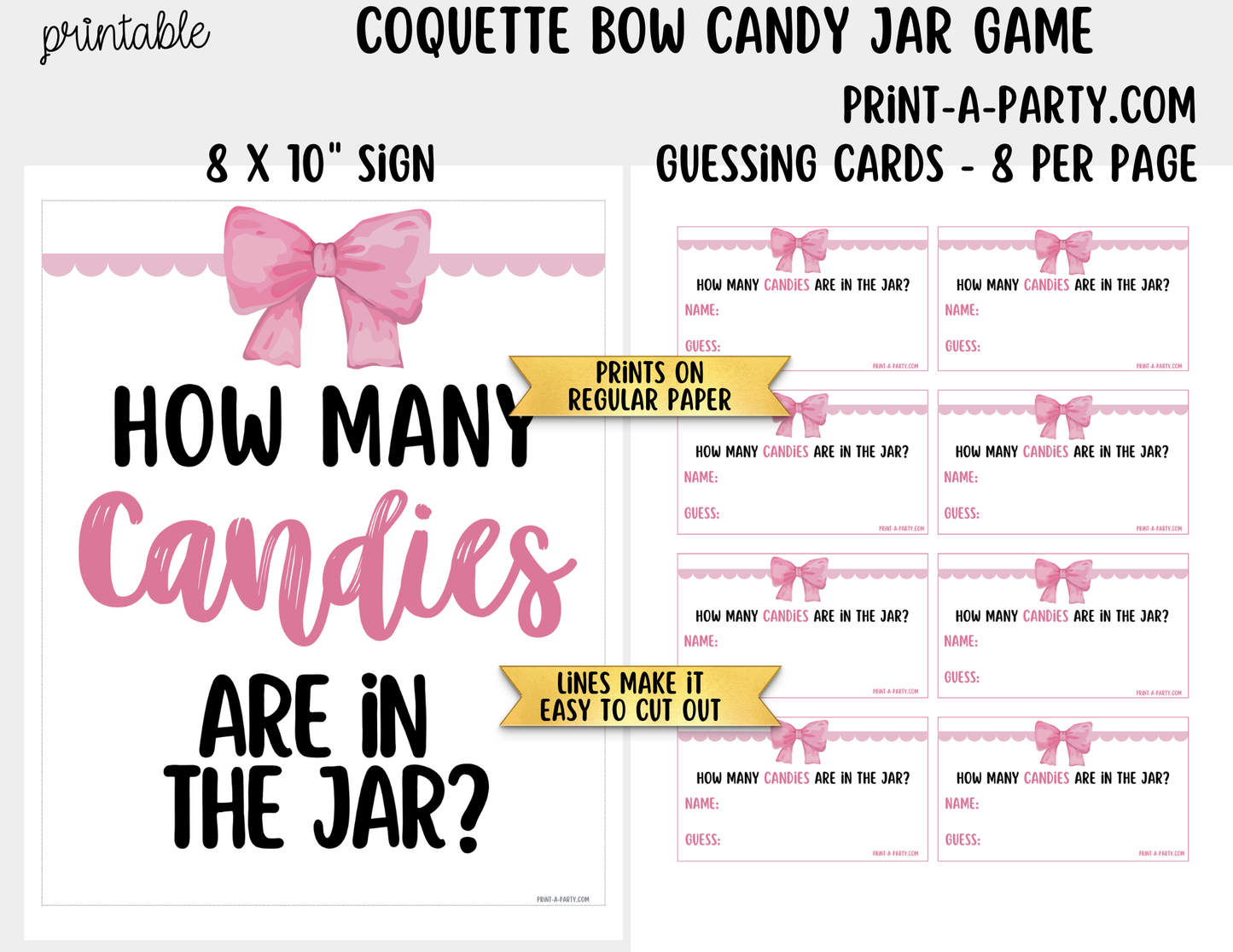 Pink Coquette Bow Candy Jar Game Printable Sign (8x10) & Guessing Cards for parties and showers