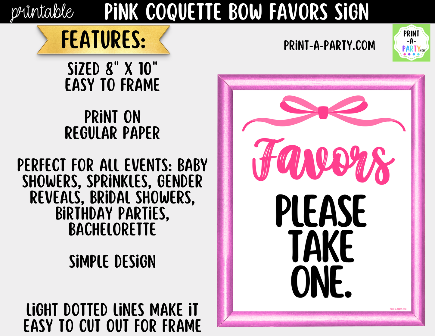 Pink Coquette Bow Favors Printable Sign (8x10) – For Parties, Showers and Events