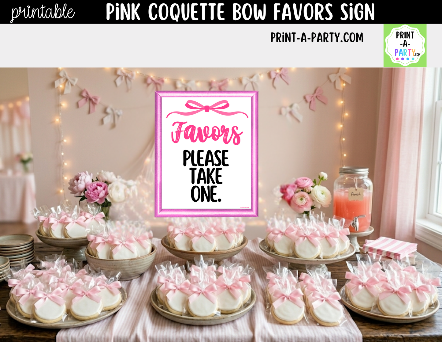 Pink Coquette Bow Favors Printable Sign (8x10) – For Parties, Showers and Events