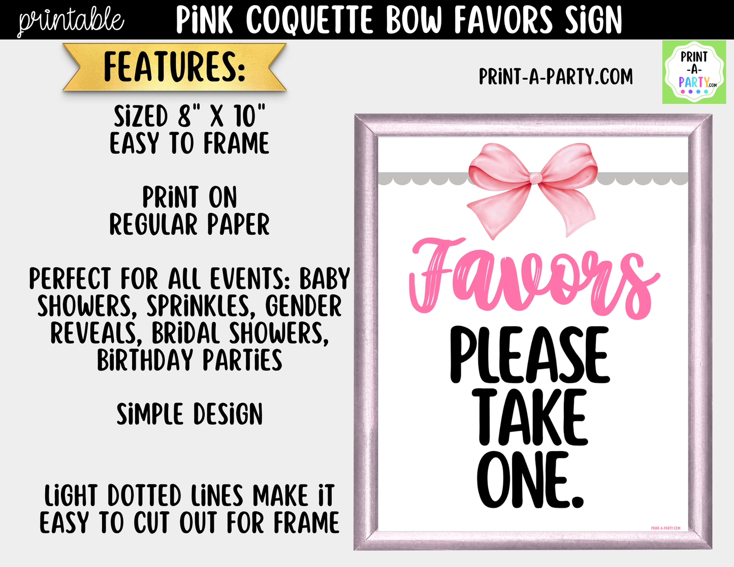 Pink Coquette Bow Favors Printable Sign (8x10) – For Parties, Showers and Events