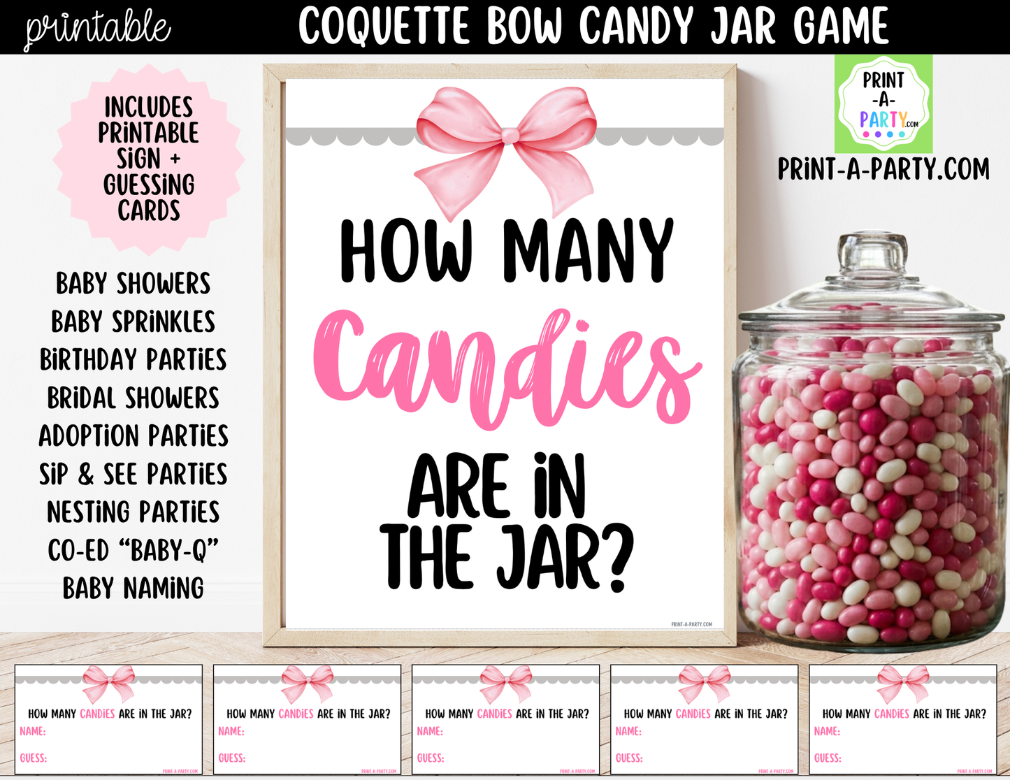 Pink Coquette Bow Candy Jar Game Printable Sign (8x10) & Guessing Cards for Parties and Bridal or Baby Showers