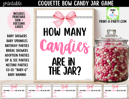 Pink Coquette Bow Candy Jar Game Printable Sign (8x10) & Guessing Cards for Parties and Bridal or Baby Showers