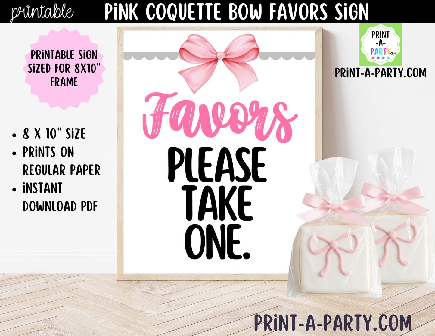 Pink Coquette Bow Favors Printable Sign (8x10) – For Parties, Showers and Events