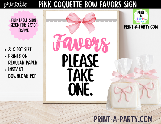 Pink Coquette Bow Favors Printable Sign (8x10) – For Parties, Showers and Events