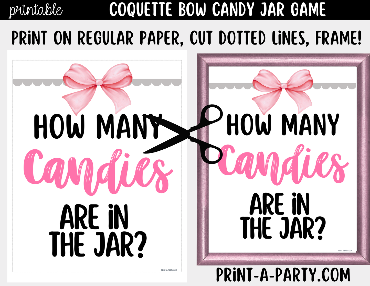Pink Coquette Bow Candy Jar Game Printable Sign (8x10) & Guessing Cards for Parties and Bridal or Baby Showers