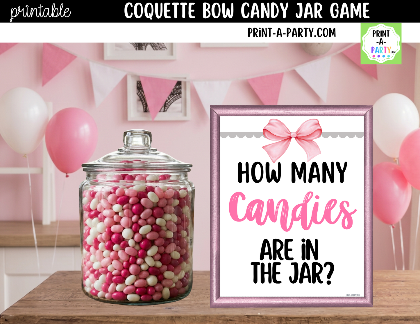 Pink Coquette Bow Candy Jar Game Printable Sign (8x10) & Guessing Cards for Parties and Bridal or Baby Showers