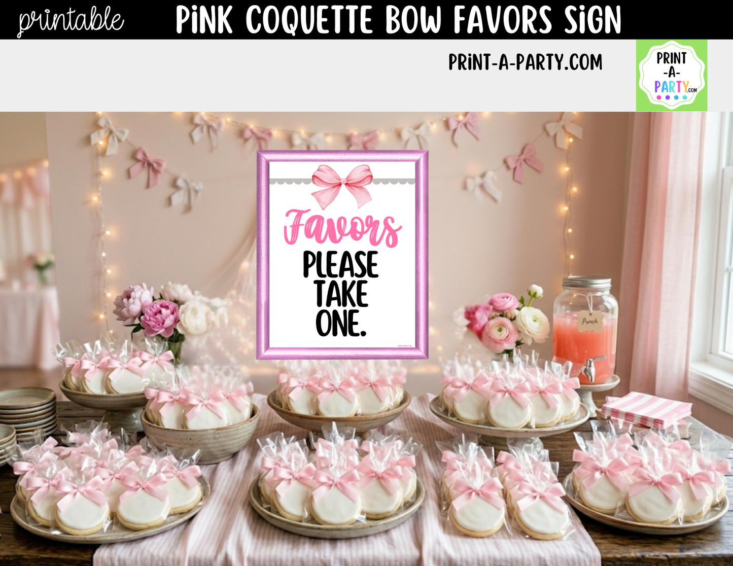Pink Coquette Bow Favors Printable Sign (8x10) – For Parties, Showers and Events