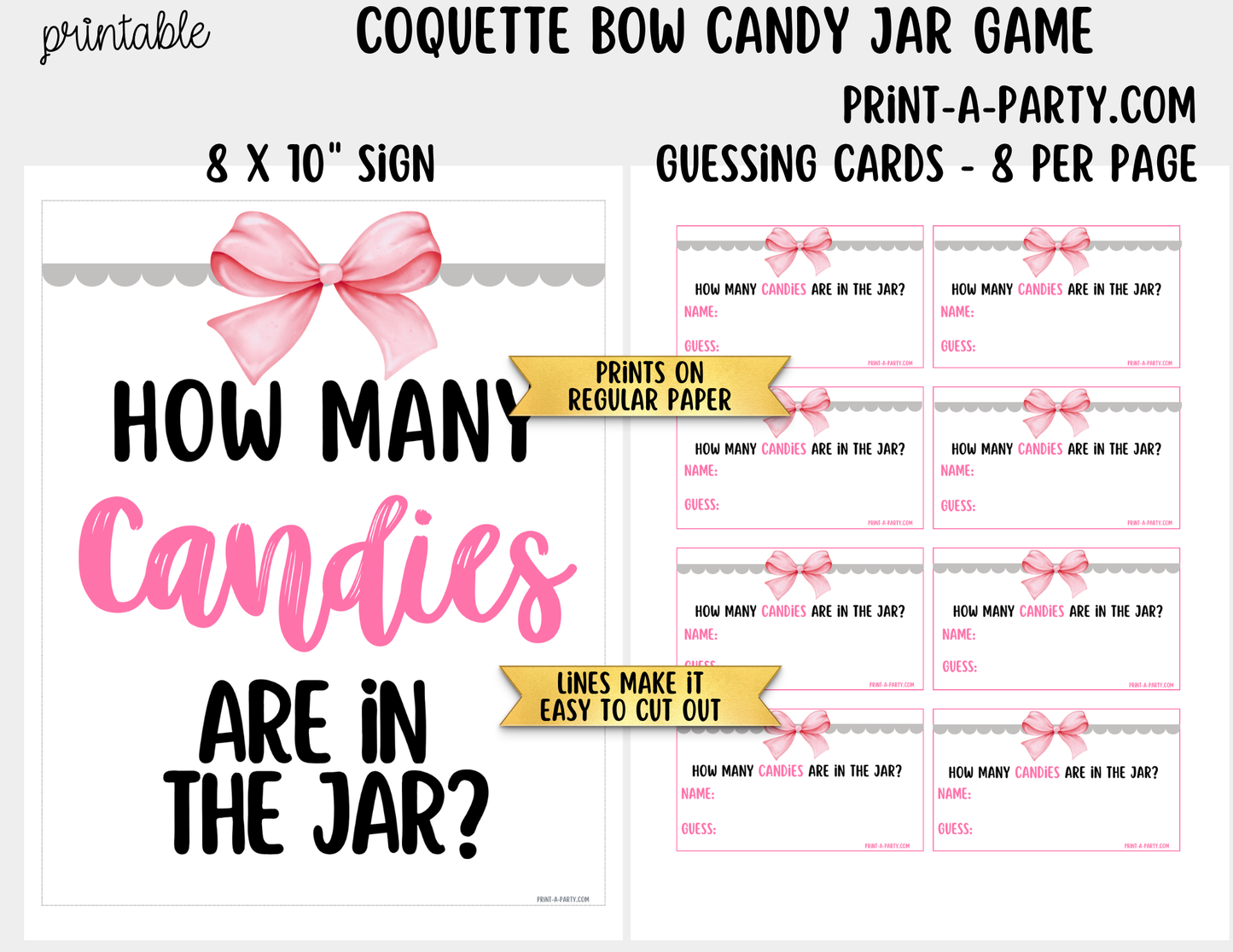 Pink Coquette Bow Candy Jar Game Printable Sign (8x10) & Guessing Cards for Parties and Bridal or Baby Showers