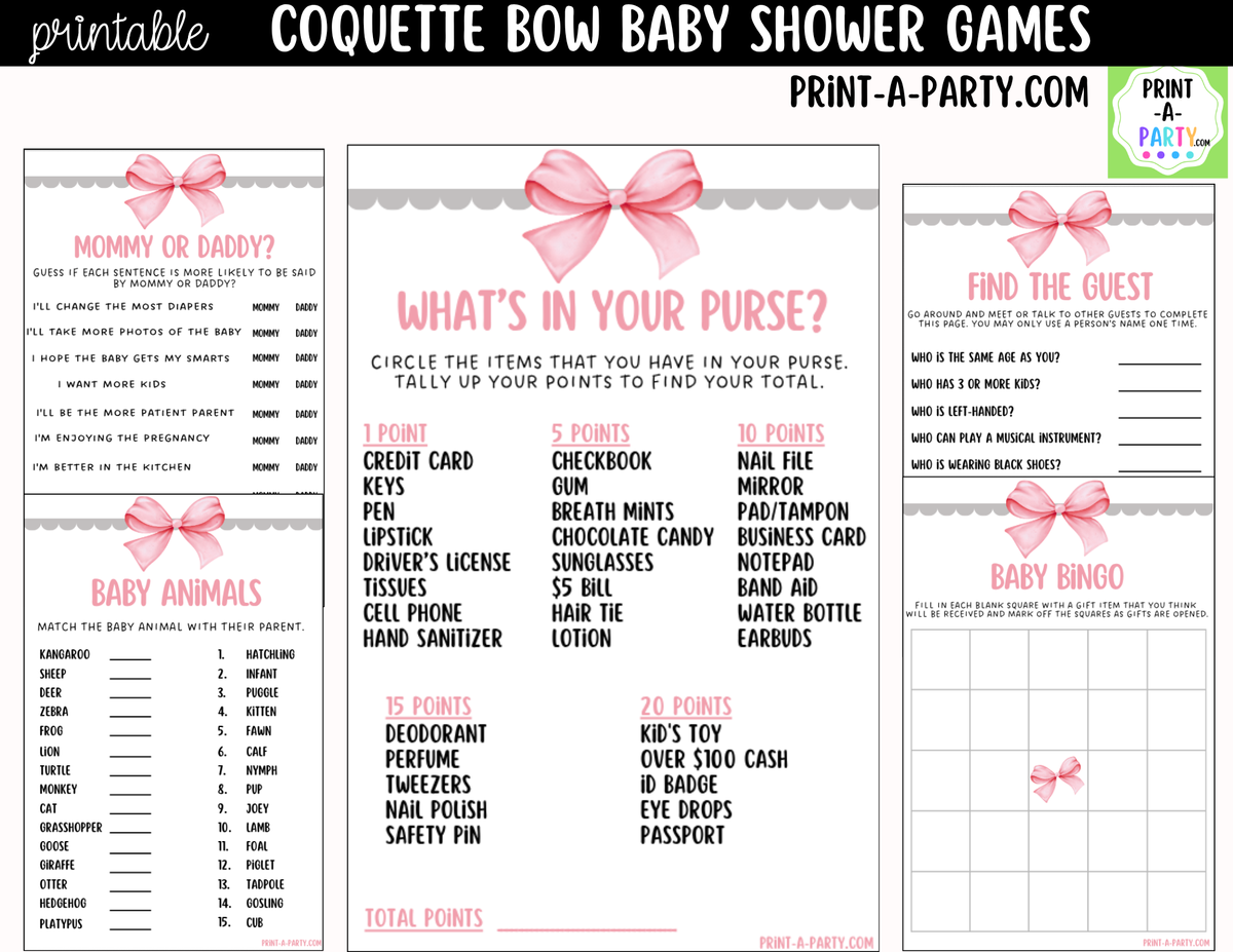 Pink Coquette Bow Baby Shower Games Printable | Bow Bundle