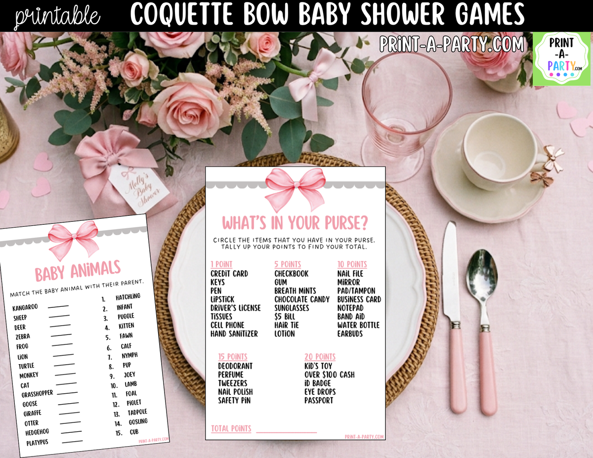 Pink Coquette Bow Baby Shower Games Printable | Bow Bundle