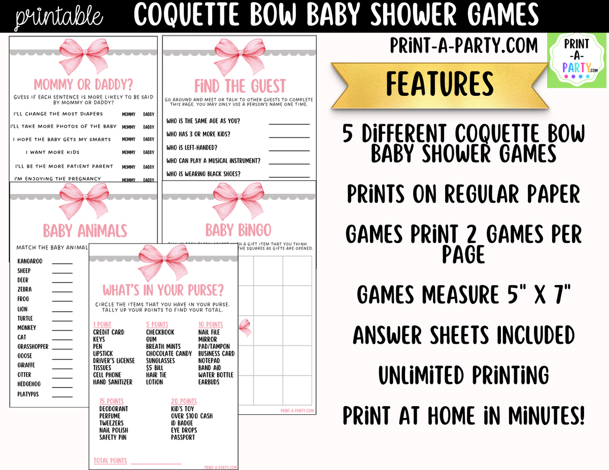 Pink Coquette Bow Baby Shower Games Printable | Bow Bundle