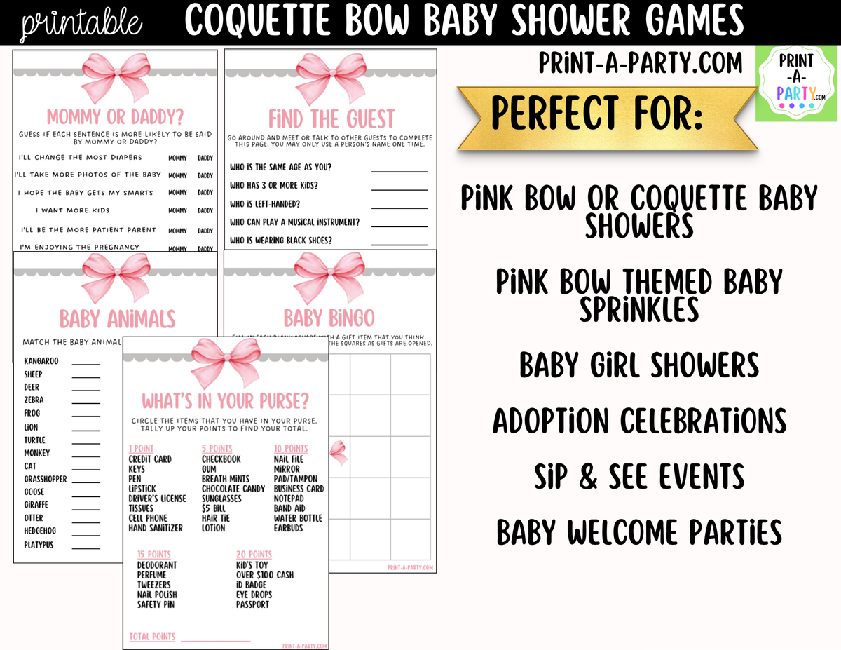 Pink Coquette Bow Baby Shower Games Printable | Bow Bundle