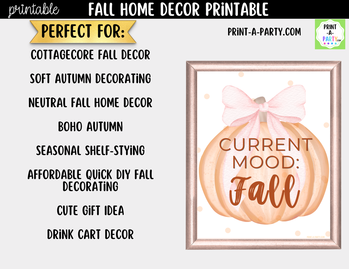 Printable Fall Wall Art | Current Mood: Fall Sign | Pink Pumpkin Cottagecore Decor