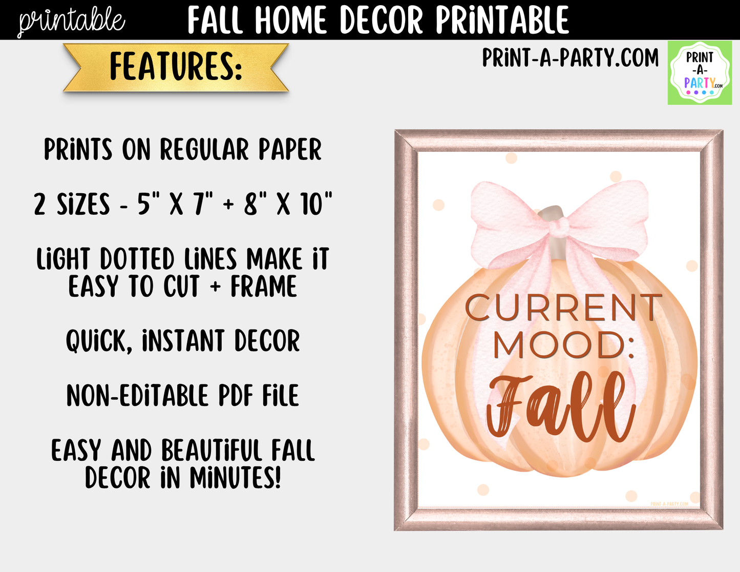 Printable Fall Wall Art | Current Mood: Fall Sign | Pink Pumpkin Cottagecore Decor