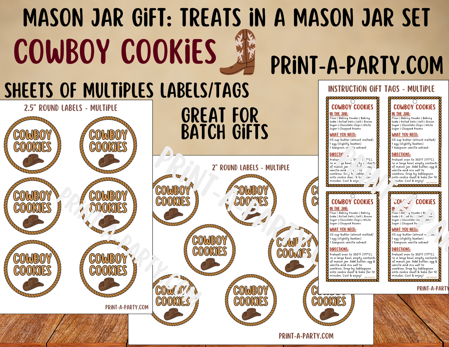 MASON JAR GIFT: Cowboy Cookies in a Mason Jar Gift Kit - Printable Cookie Mix Labels & Tags