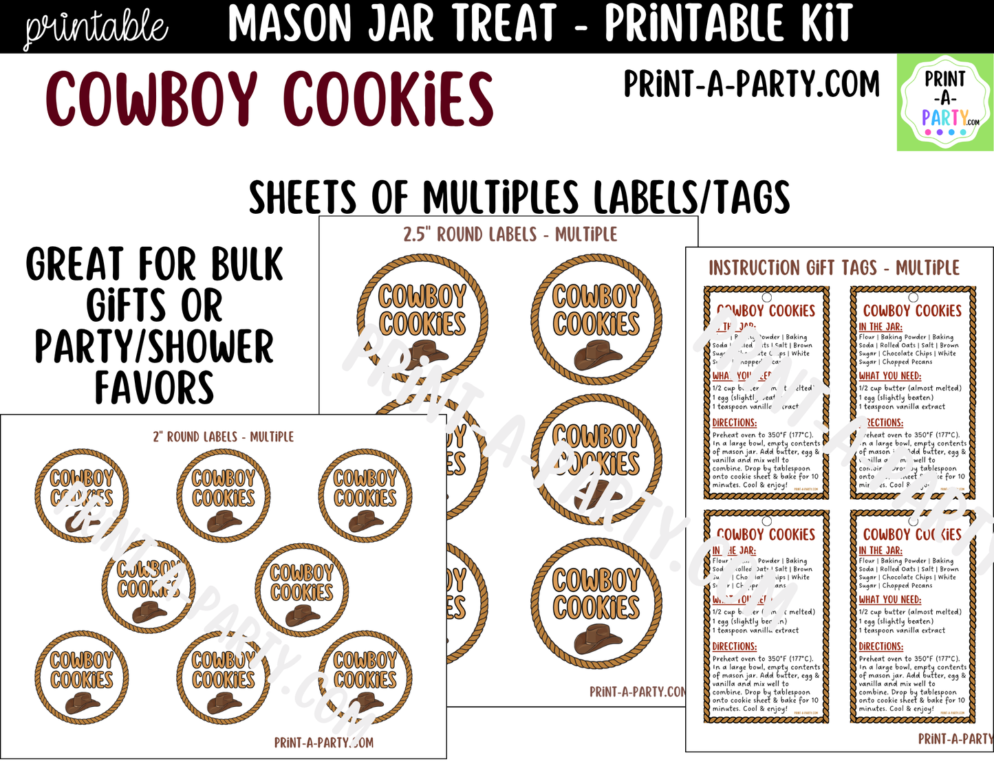 Cowboy Cookies in a Mason Jar Gift Printable Kit - Labels, Tag, Recipe & Instructions