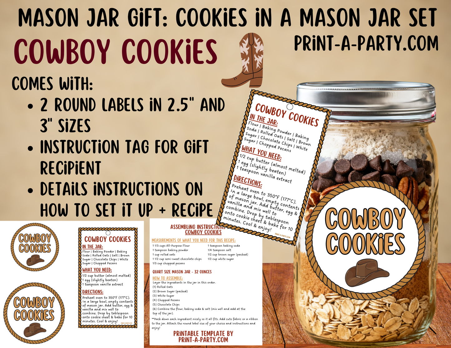 MASON JAR GIFT: Cowboy Cookies in a Mason Jar Gift Kit - Printable Cookie Mix Labels & Tags