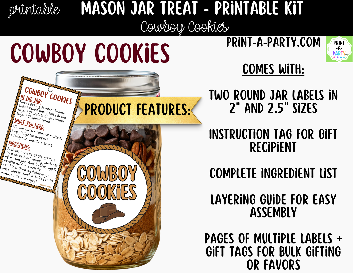 Cowboy Cookies in a Mason Jar Gift Printable Kit - Labels, Tag, Recipe & Instructions