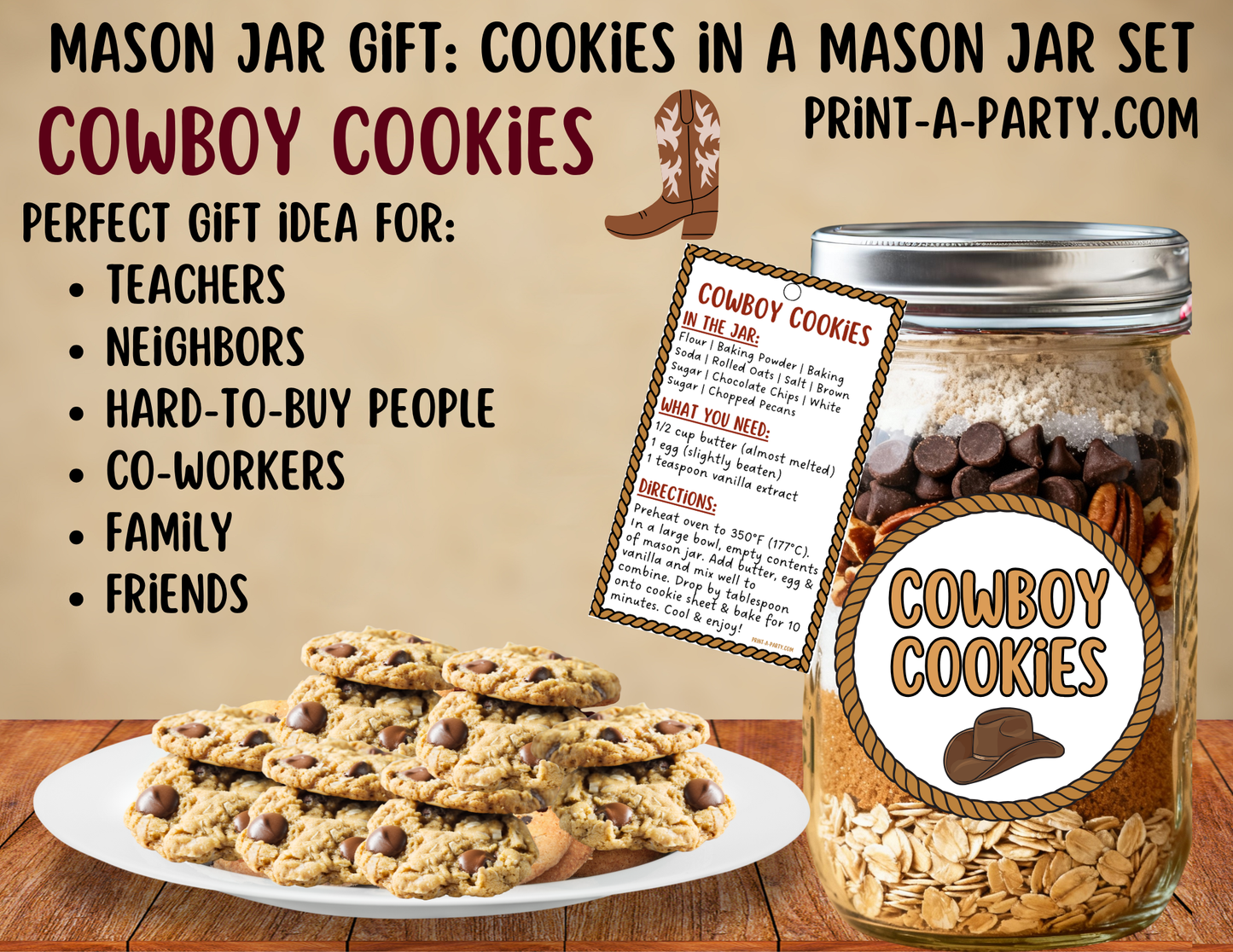 MASON JAR GIFT: Cowboy Cookies in a Mason Jar Gift Kit - Printable Cookie Mix Labels & Tags