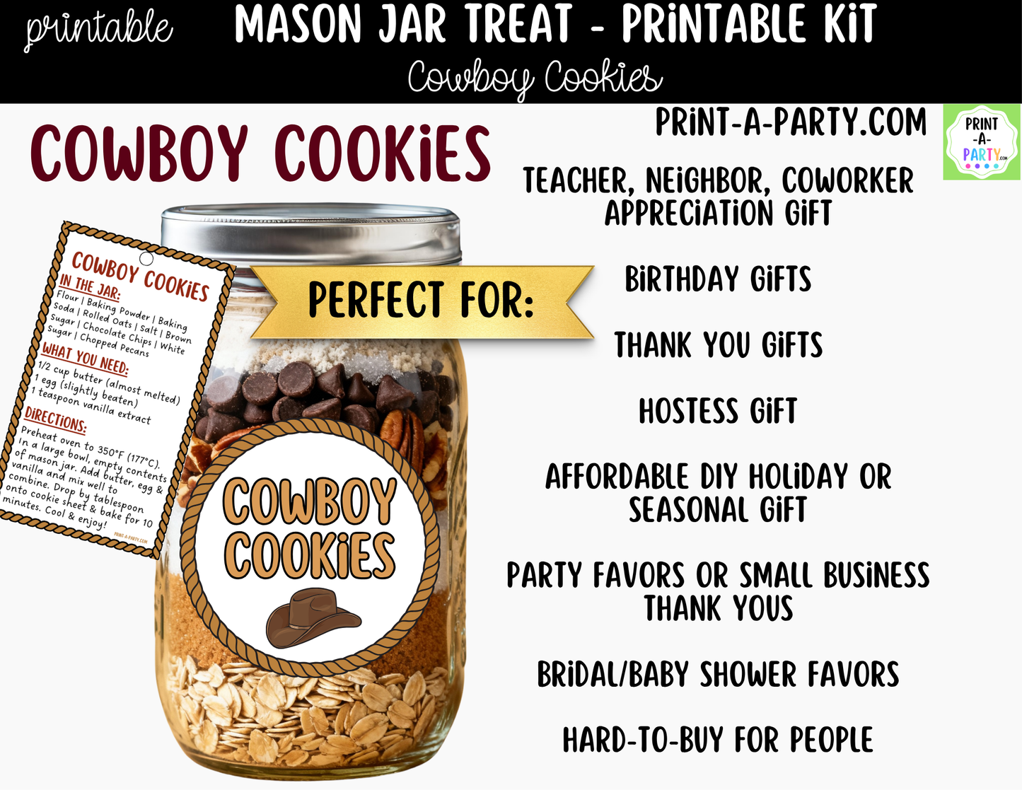 Cowboy Cookies in a Mason Jar Gift Printable Kit - Labels, Tag, Recipe & Instructions
