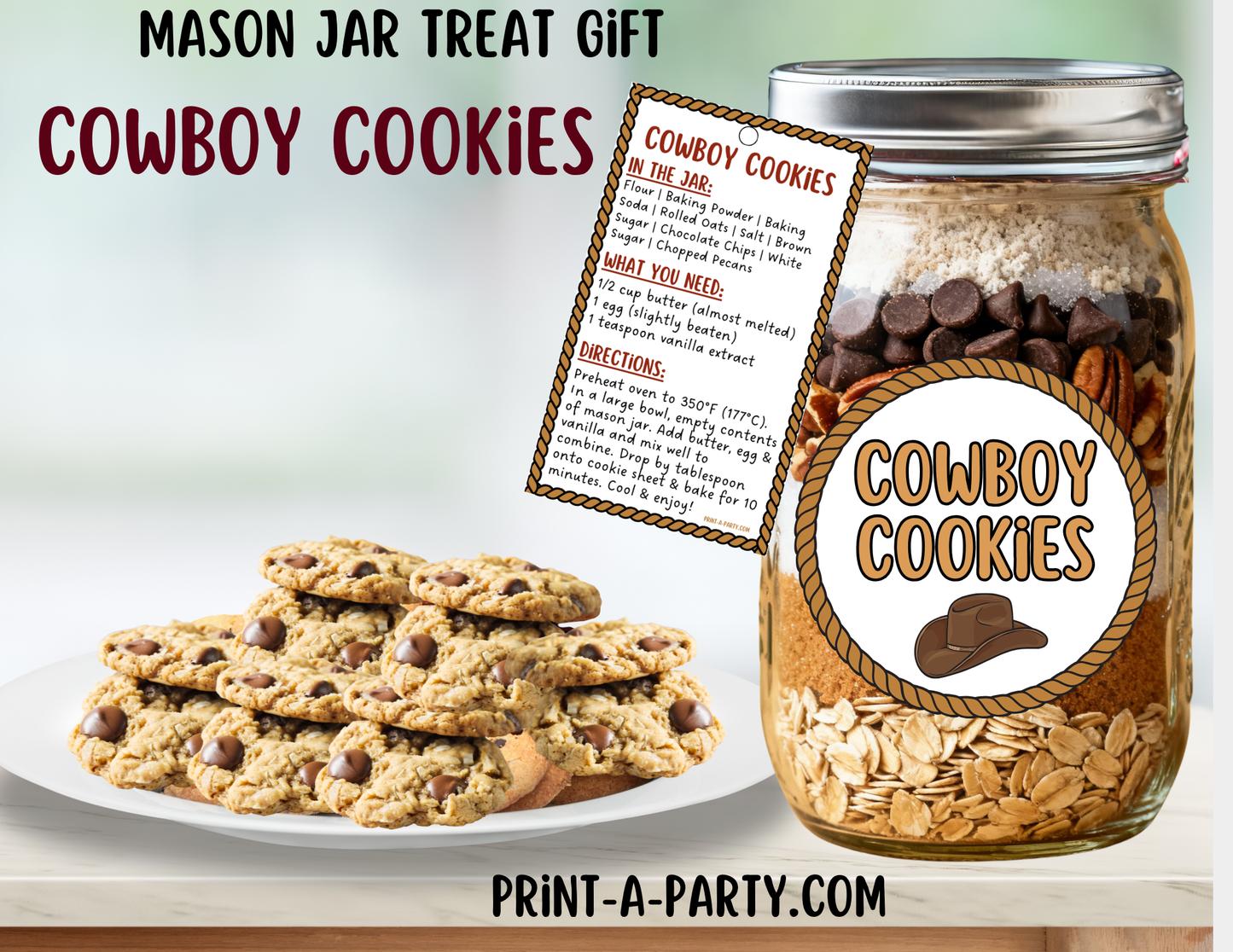 MASON JAR GIFT: Cowboy Cookies in a Mason Jar Gift Kit - Printable Cookie Mix Labels & Tags