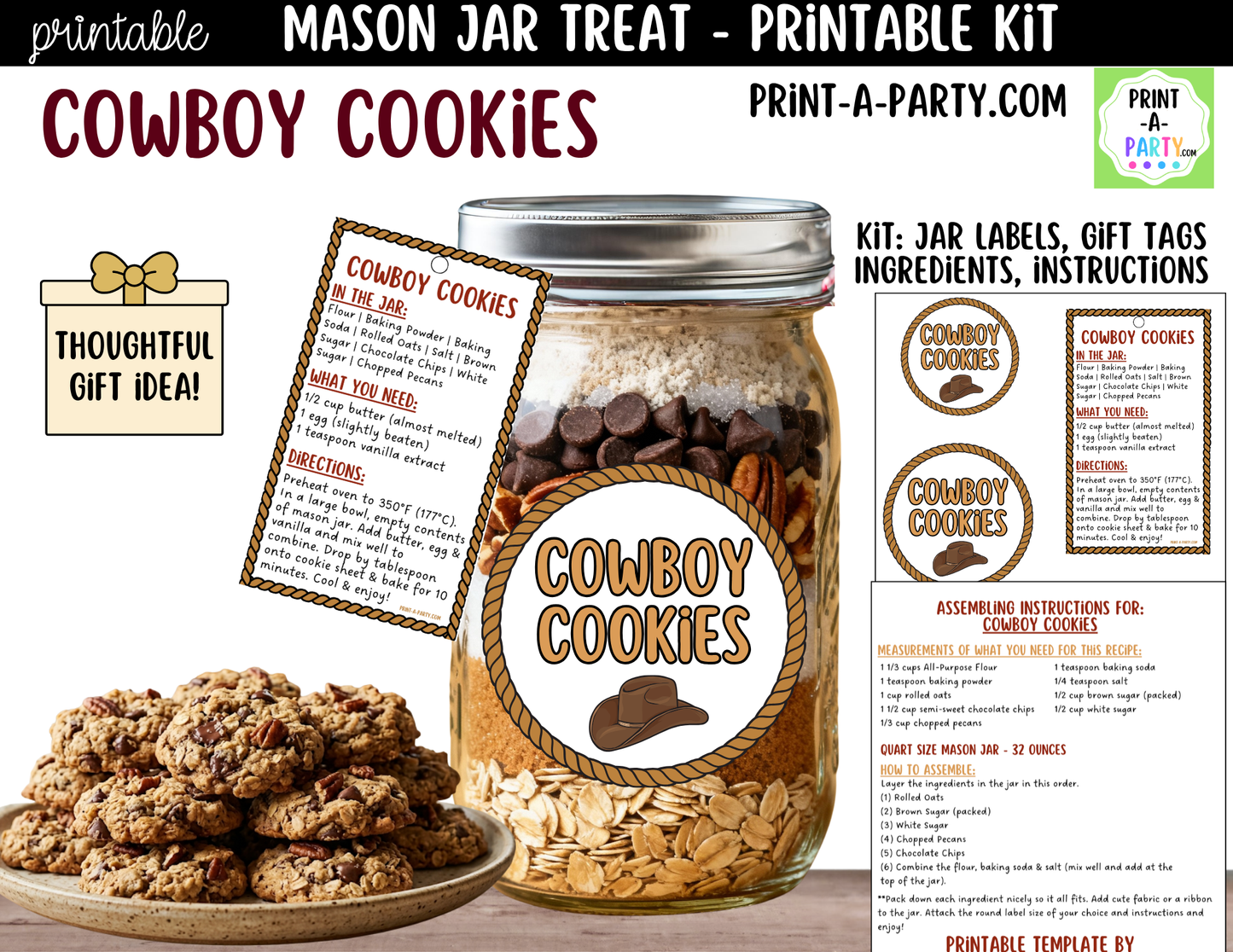 Cowboy Cookies in a Mason Jar Gift Printable Kit - Labels, Tag, Recipe & Instructions
