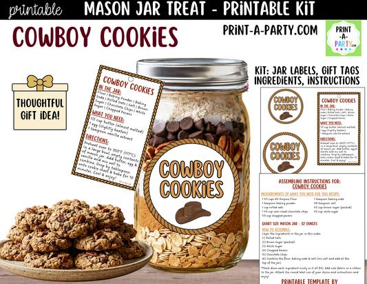 Cowboy Cookies in a Mason Jar Gift Printable Kit - Labels, Tag, Recipe & Instructions