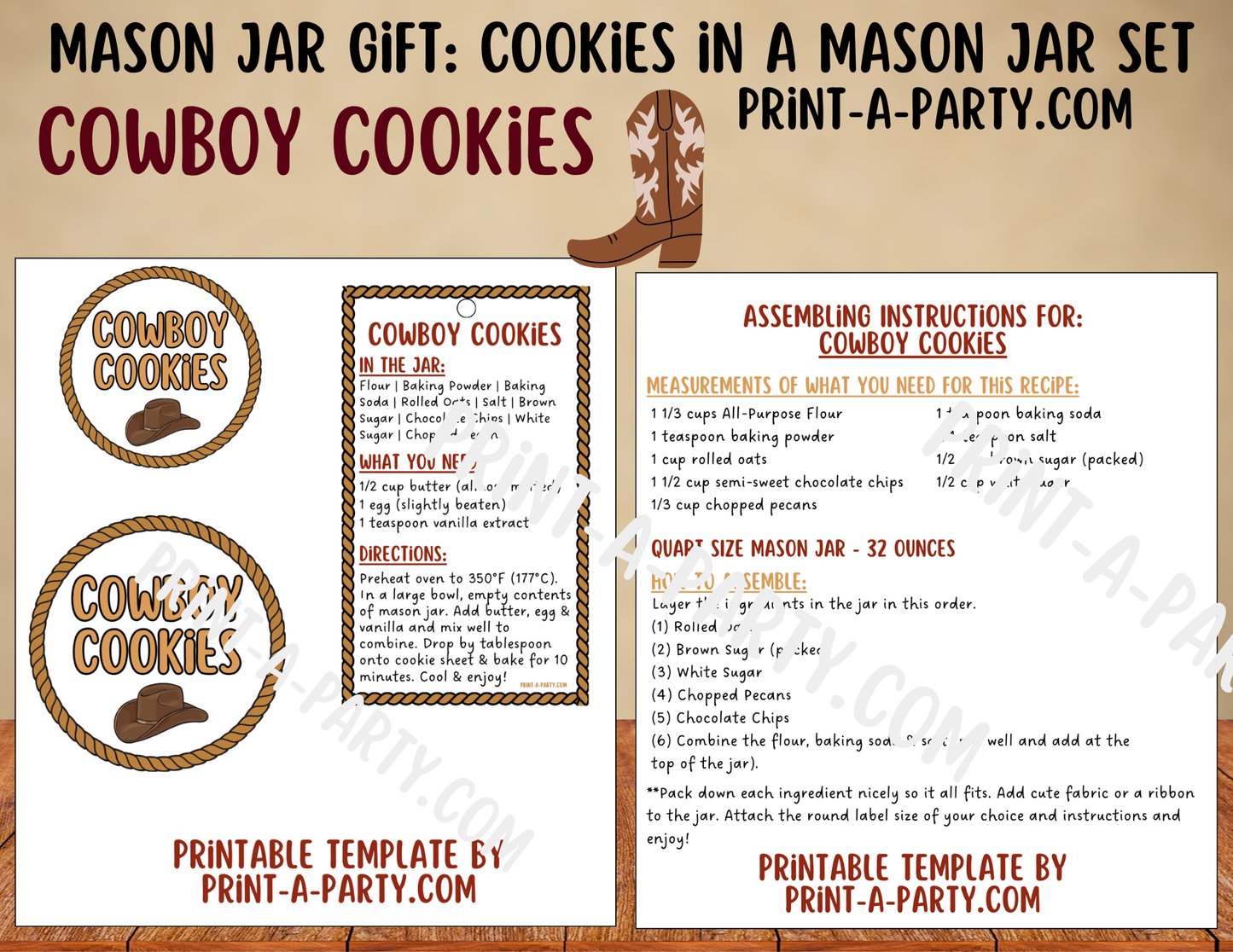 MASON JAR GIFT: Cowboy Cookies in a Mason Jar Gift Kit - Printable Cookie Mix Labels & Tags