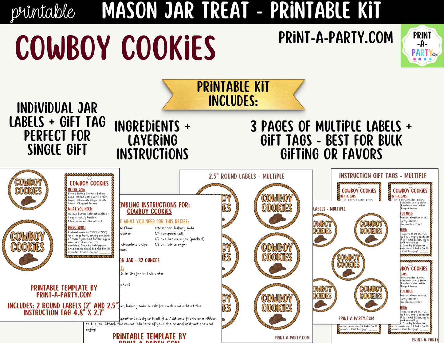 Cowboy Cookies in a Mason Jar Gift Printable Kit - Labels, Tag, Recipe & Instructions