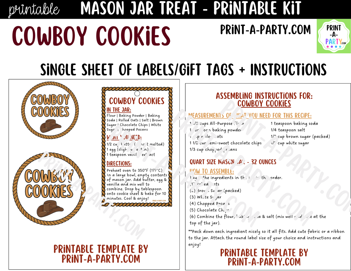 Cowboy Cookies in a Mason Jar Gift Printable Kit - Labels, Tag, Recipe & Instructions