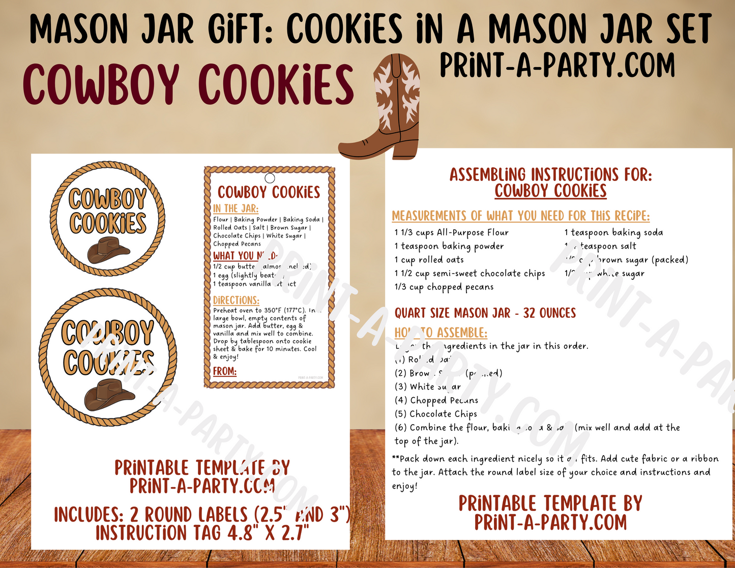 MASON JAR COOKIE GIFT: Cowboy Cookies in a Mason Jar | Cookie in a jar Gift | Mason Jar Gift Kit | Mason Jar Gift Idea | Cowboy Gift Idea