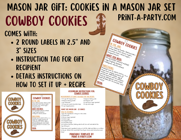MASON JAR COOKIE GIFT: Cowboy Cookies in a Mason Jar | Cookie in a jar Gift | Mason Jar Gift Kit | Mason Jar Gift Idea | Cowboy Gift Idea