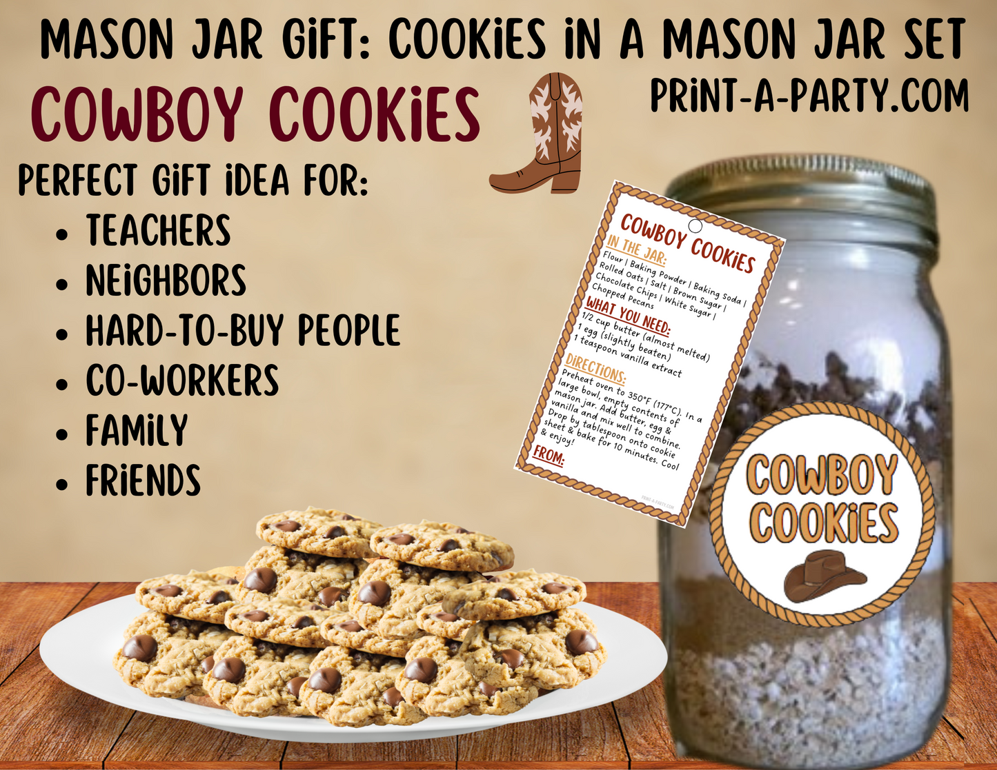 MASON JAR COOKIE GIFT: Cowboy Cookies in a Mason Jar | Cookie in a jar Gift | Mason Jar Gift Kit | Mason Jar Gift Idea | Cowboy Gift Idea