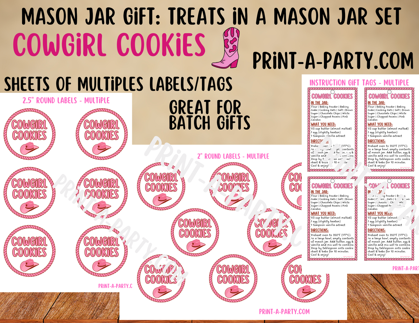 MASON JAR GIFT: Cowgirl Cookies in a Mason Jar Gift Kit - Printable Cookie Mix Labels & Tags