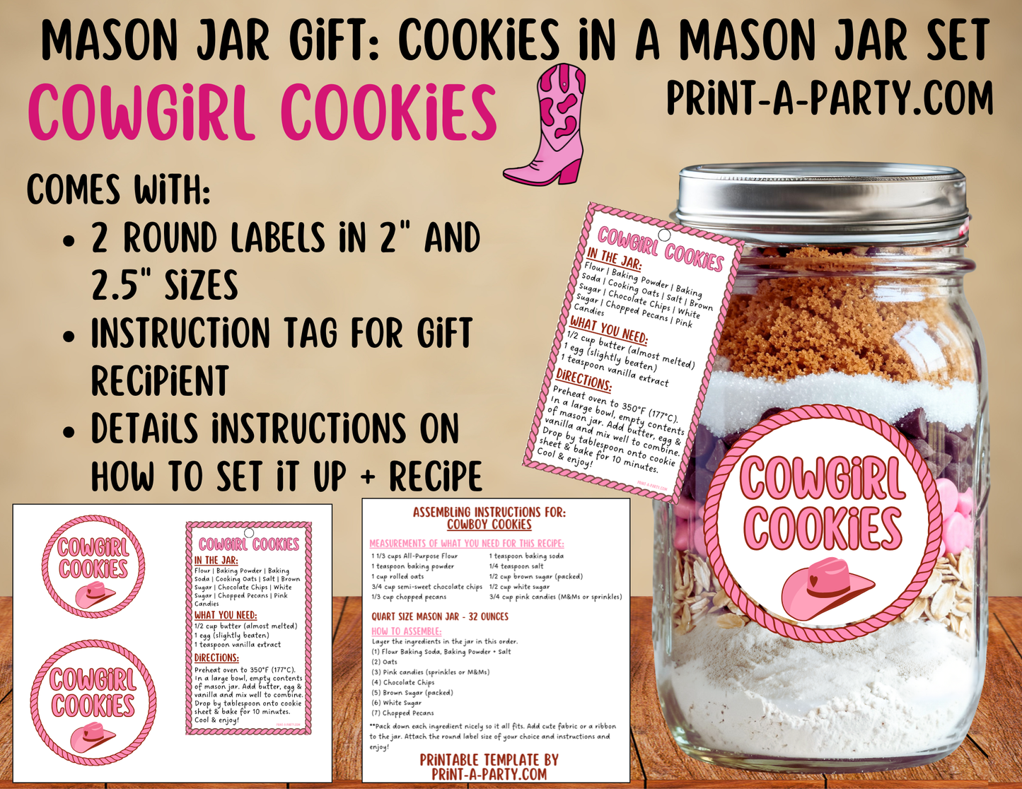 MASON JAR GIFT: Cowgirl Cookies in a Mason Jar Gift Kit - Printable Cookie Mix Labels & Tags