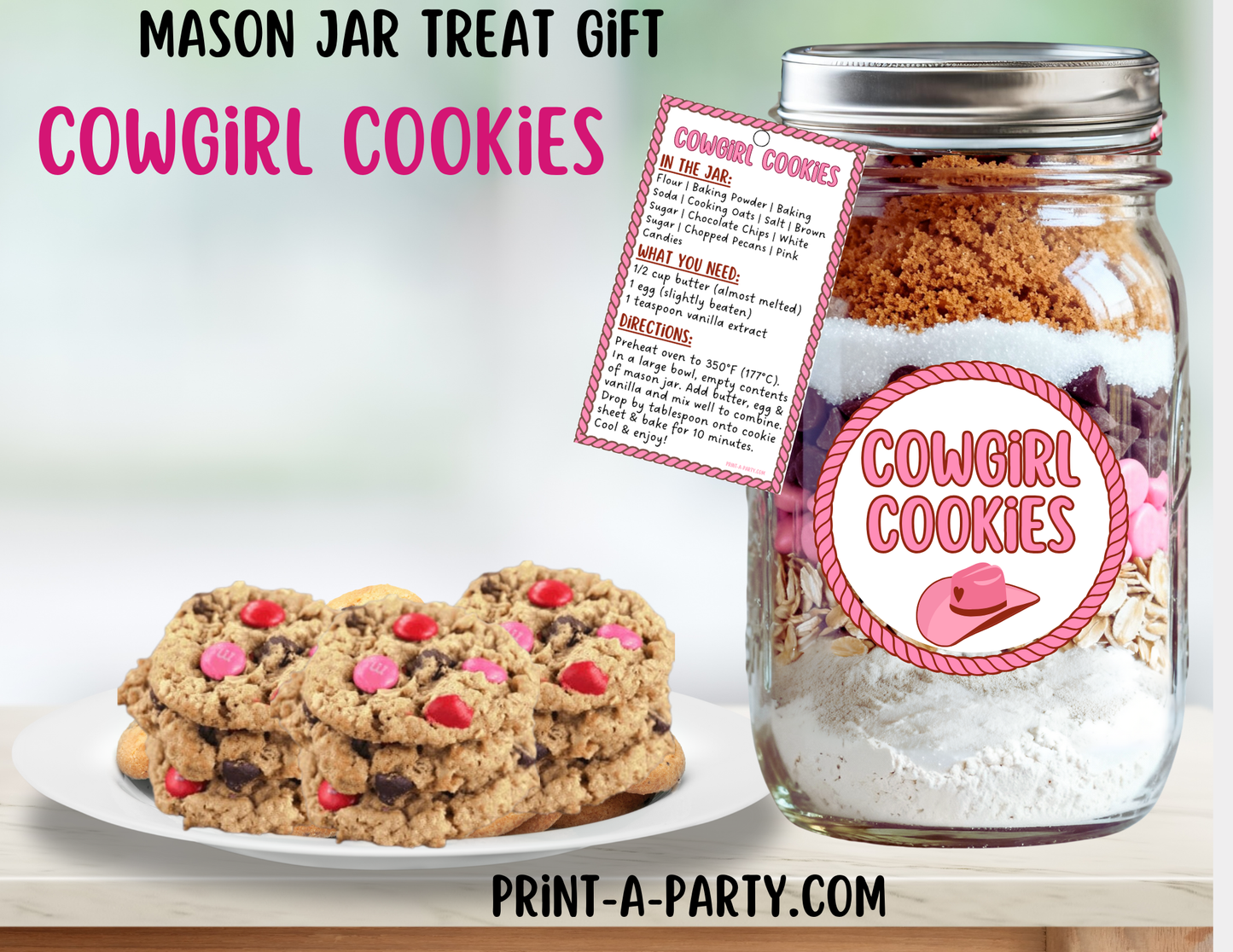 MASON JAR GIFT: Cowgirl Cookies in a Mason Jar Gift Kit - Printable Cookie Mix Labels & Tags