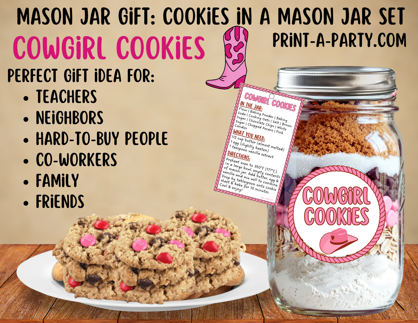 MASON JAR GIFT: Cowgirl Cookies in a Mason Jar Gift Kit - Printable Cookie Mix Labels & Tags