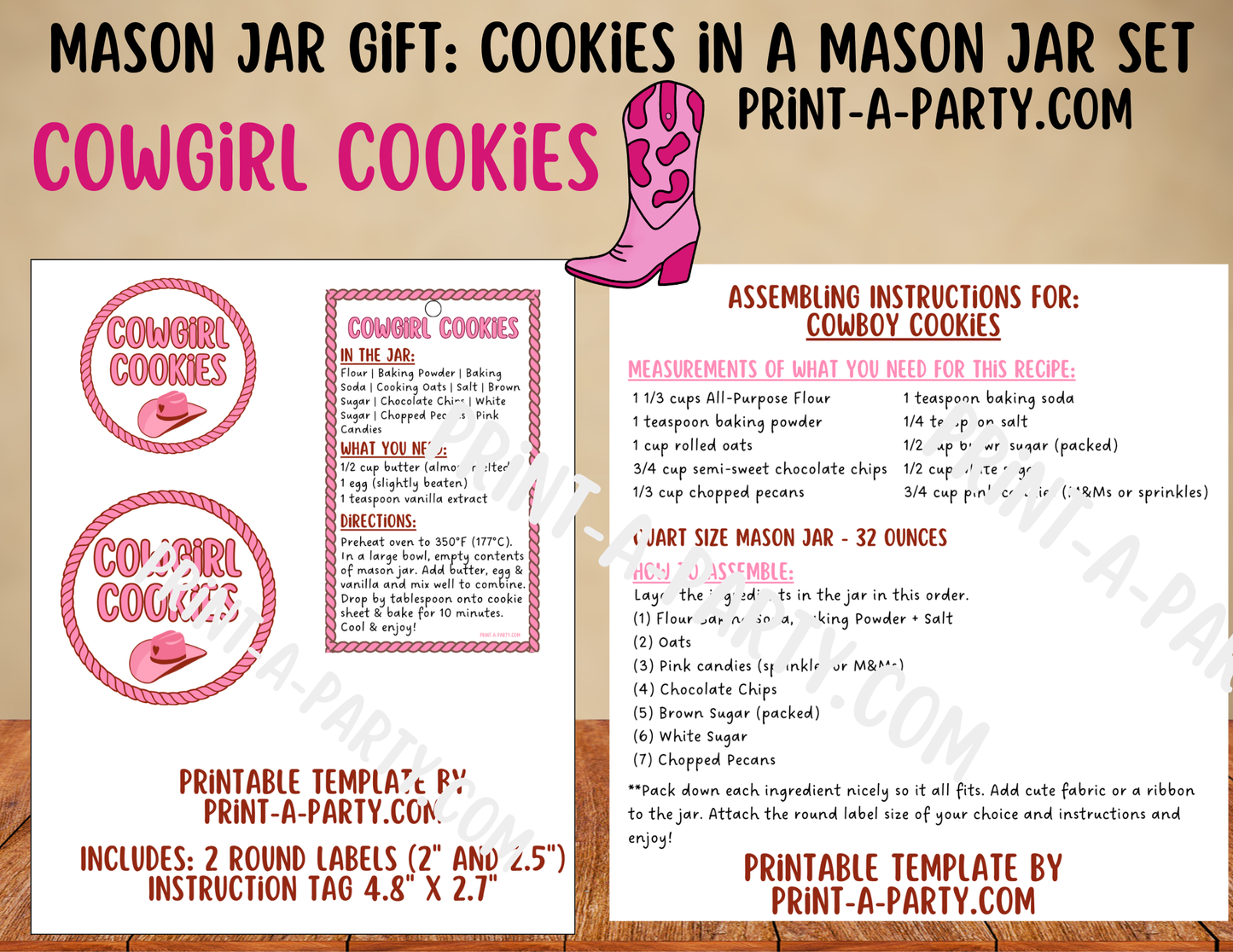 MASON JAR GIFT: Cowgirl Cookies in a Mason Jar Gift Kit - Printable Cookie Mix Labels & Tags