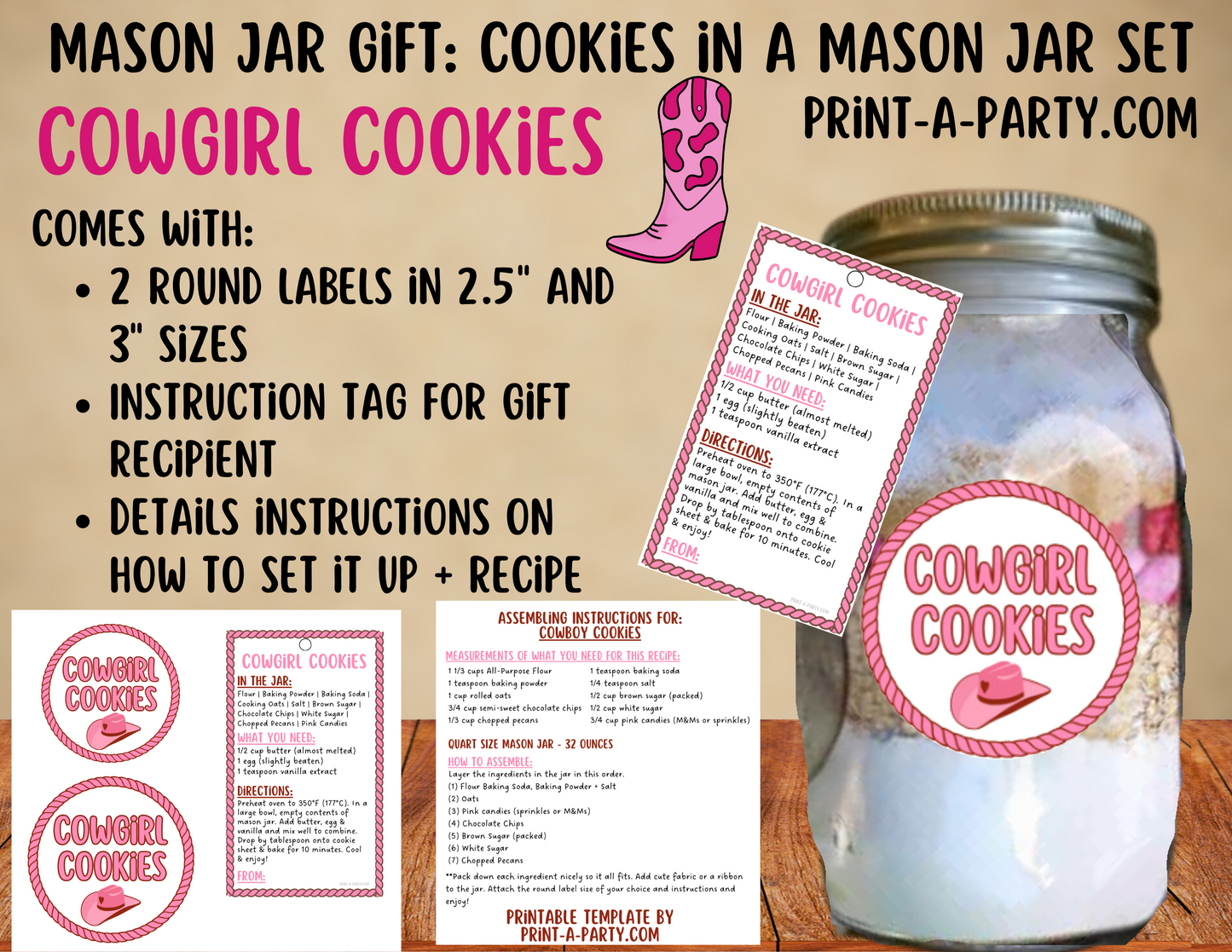 MASON JAR COOKIE GIFT: Cowgirl Cookies in a Mason Jar | Cookie in a jar Gift | Mason Jar Gift Kit | Mason Jar Gift Idea | Cowgirl Gift Idea