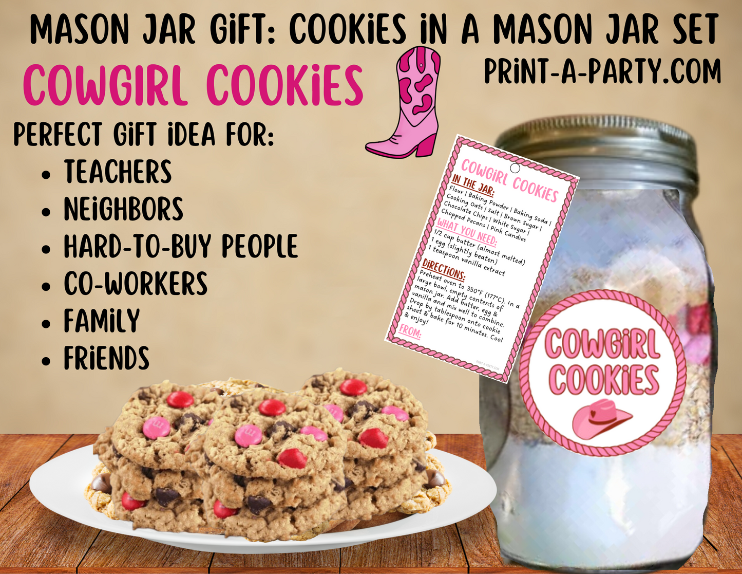 MASON JAR COOKIE GIFT: Cowgirl Cookies in a Mason Jar | Cookie in a jar Gift | Mason Jar Gift Kit | Mason Jar Gift Idea | Cowgirl Gift Idea