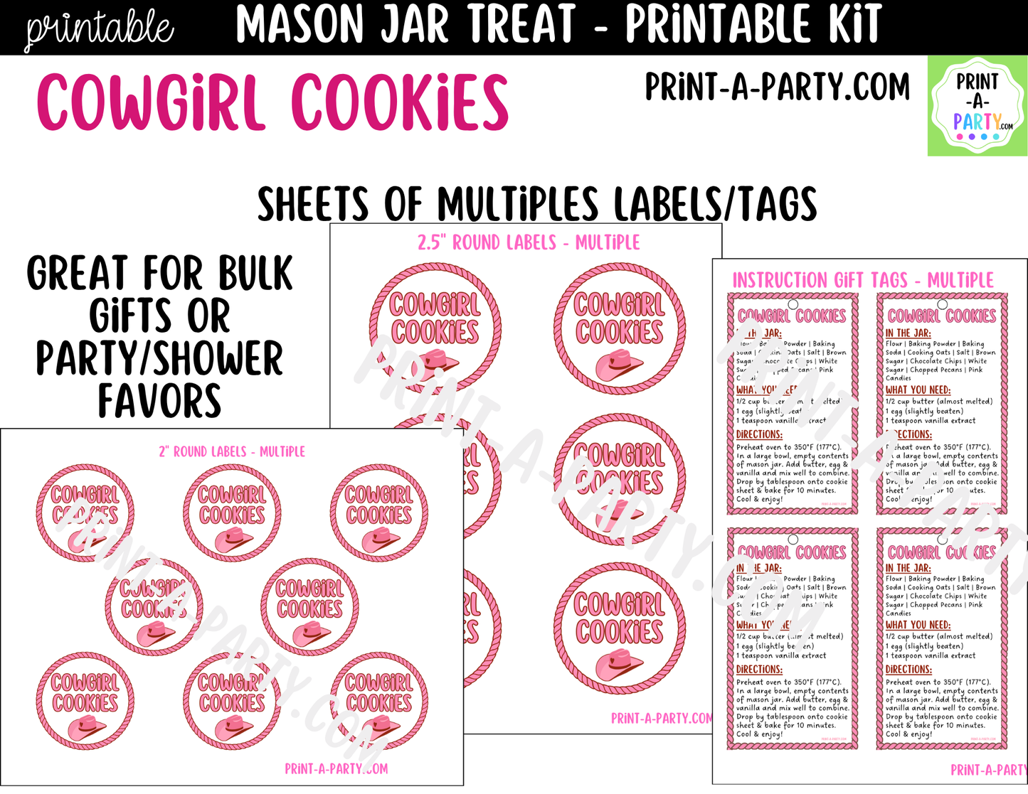 Cowgirl Cookies in a Mason Jar Gift Printable Kit - Labels, Tag, Recipe and Instructions