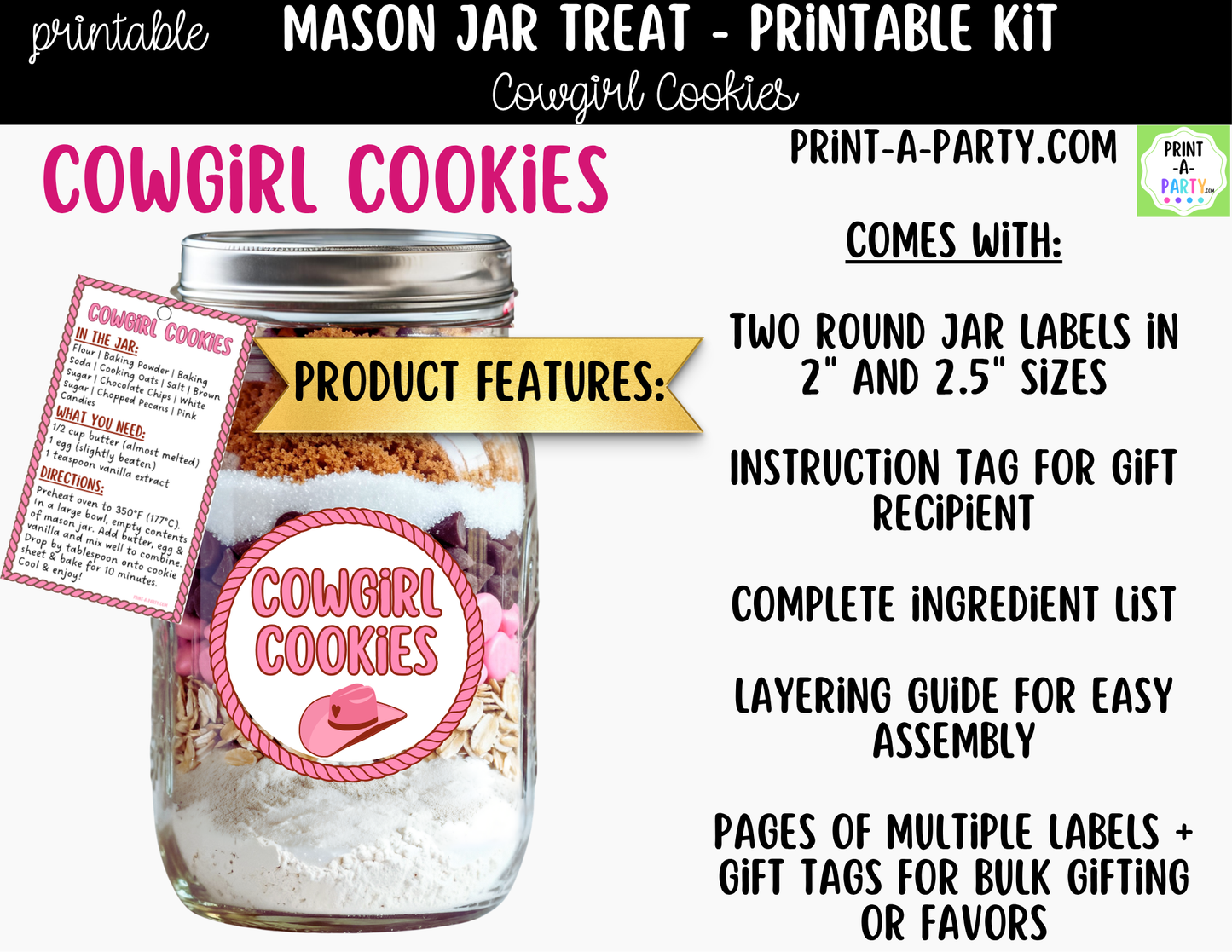 Cowgirl Cookies in a Mason Jar Gift Printable Kit - Labels, Tag, Recipe and Instructions