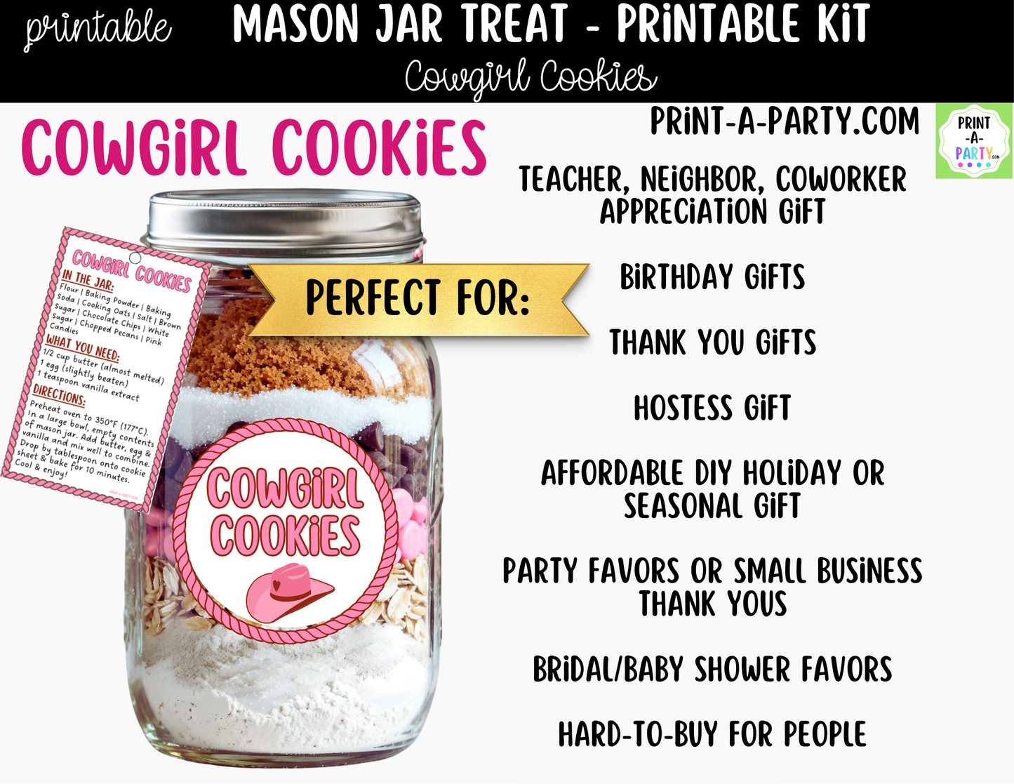 Cowgirl Cookies in a Mason Jar Gift Printable Kit - Labels, Tag, Recipe and Instructions
