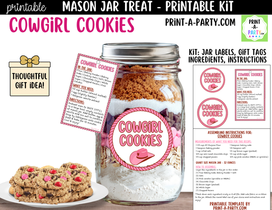 Cowgirl Cookies in a Mason Jar Gift Printable Kit - Labels, Tag, Recipe and Instructions