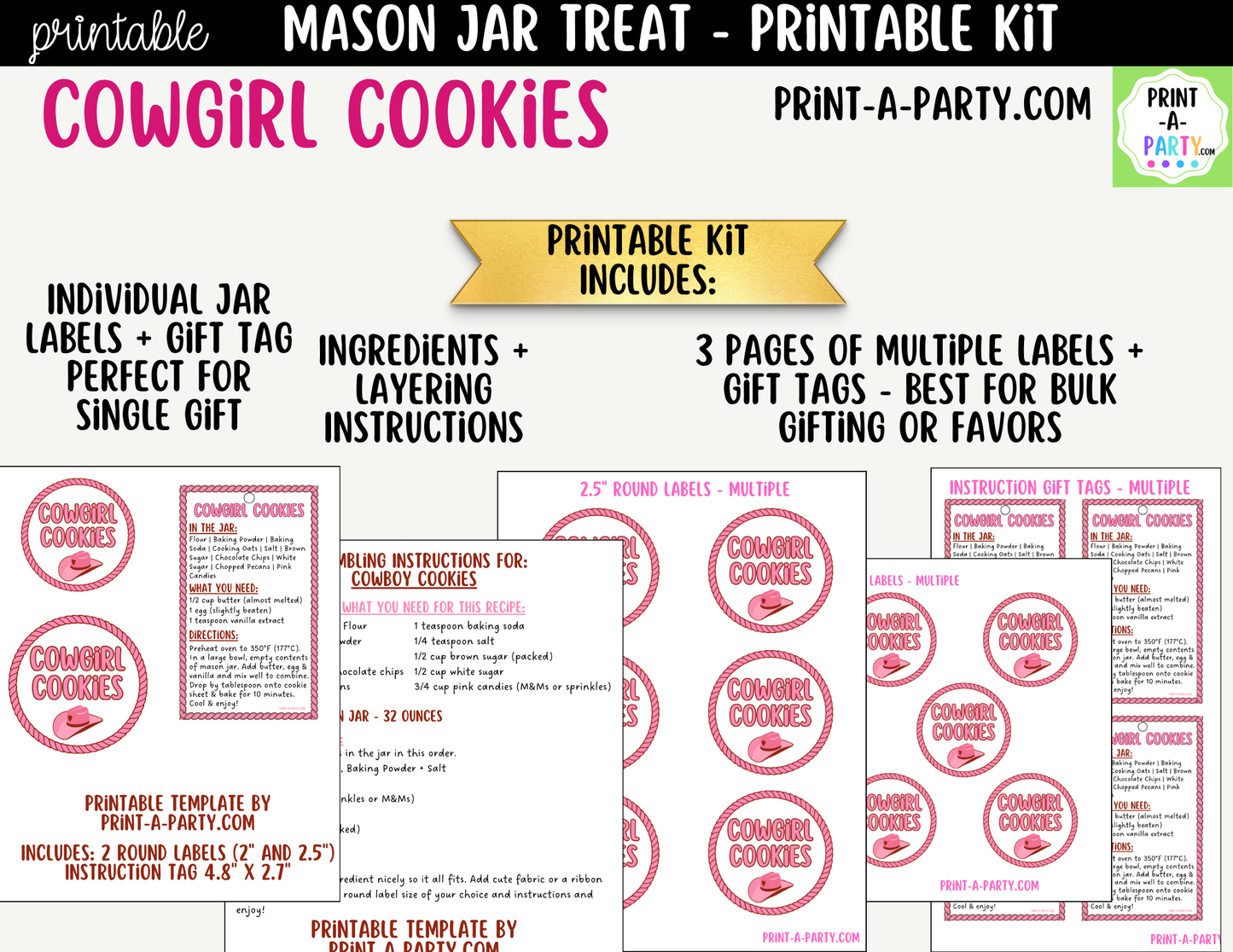 Cowgirl Cookies in a Mason Jar Gift Printable Kit - Labels, Tag, Recipe and Instructions