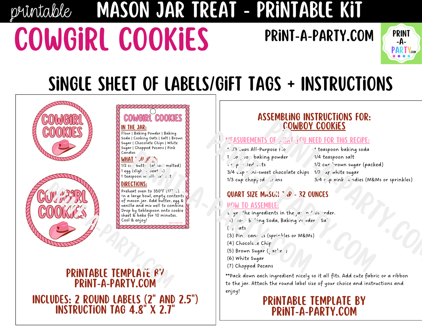 Cowgirl Cookies in a Mason Jar Gift Printable Kit - Labels, Tag, Recipe and Instructions
