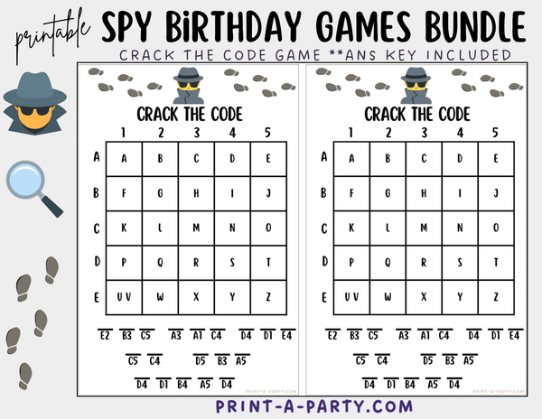 Printable Code Name Chart for Childrens Spy Birthday Party Decor